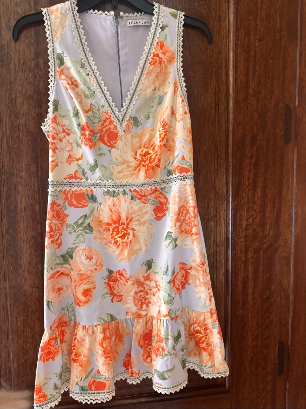 Alice + Olivia Cream Lace Trim Dress with Peach Watercolor Print